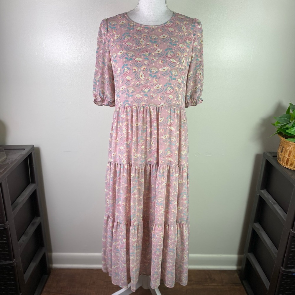 MELLODAY women floral tiered puff ruffle sleeve midi lined dress Sz S pink multi